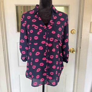 Express Navy and Pink Lip Print Button Down Shirt